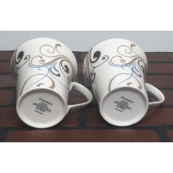 2 Coventry Coffee Mugs Porcelain Fine China CHOCO SCROLL beige blue brown PRETTY - Picture 2 of 9